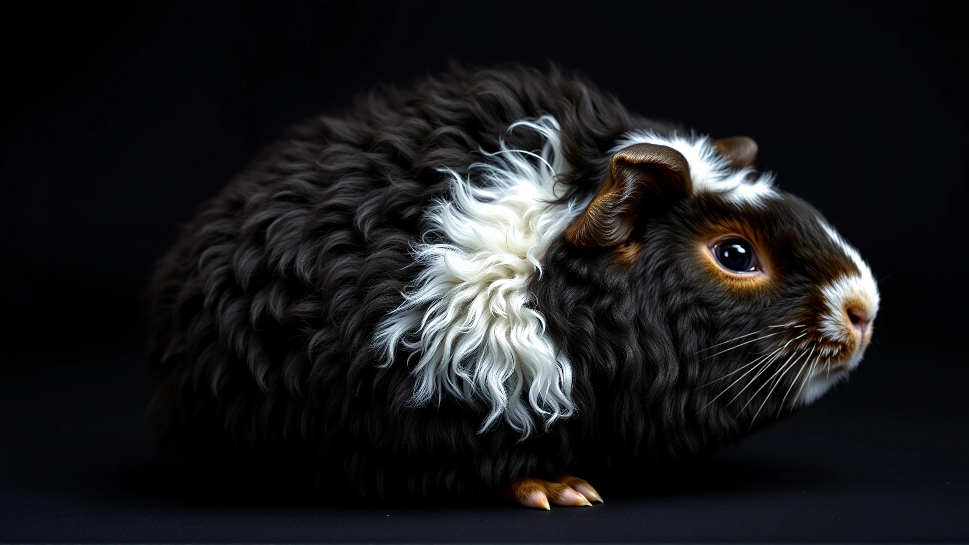 Lunkarya guinea pig with thick rough curly fur, studio portrait with dark background, no text