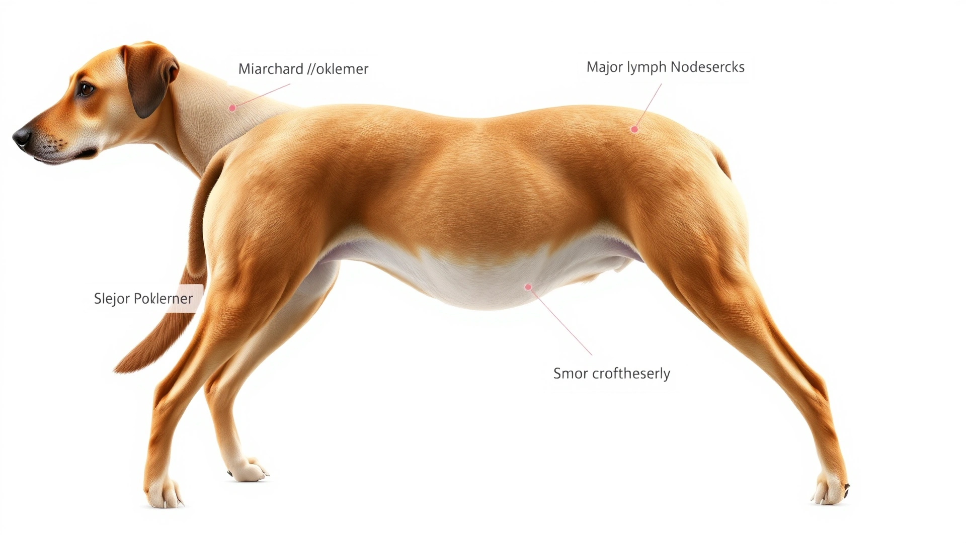 Illustrative photograph of a healthy dog in a standing position with semi-transparent overlays highlighting major lymph node locations (no textual labels), on white background.