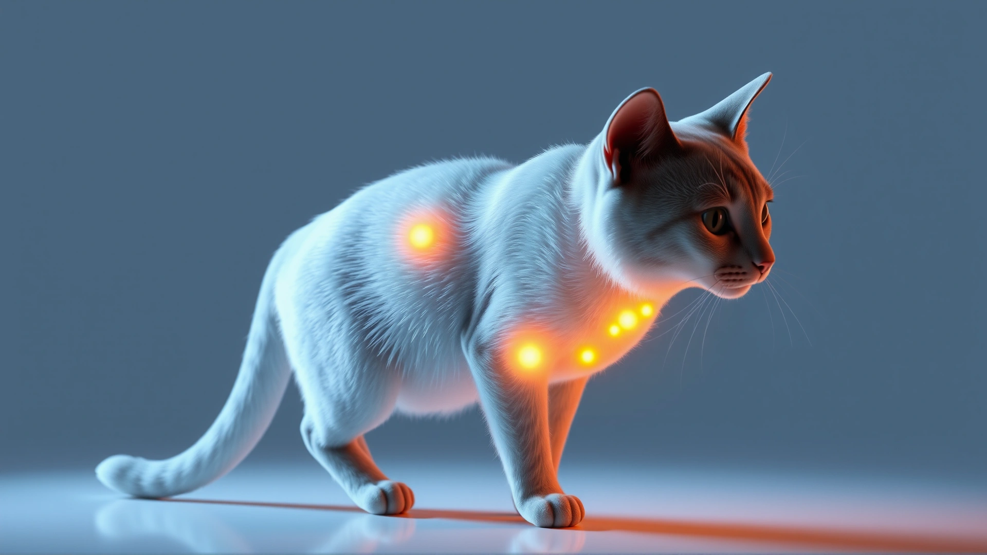 3D illustration of a cat silhouette with glowing lymph nodes highlighted, no text.
