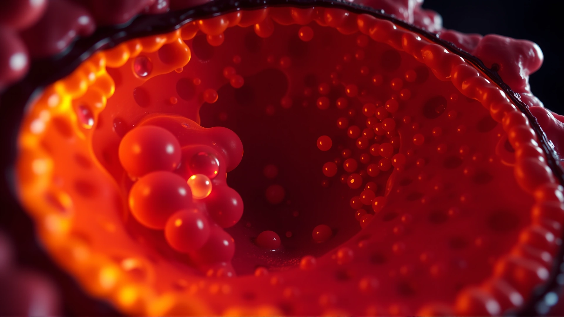 3D rendered microscopic view of feline cell interior highlighting glowing lysosomes and accumulated substrate, vibrant colors, scientific but without labels.