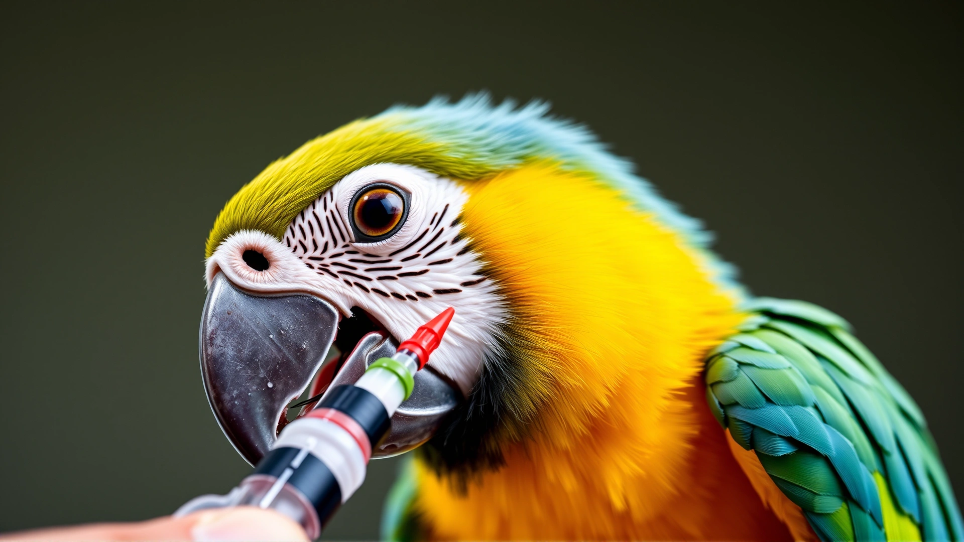 Close-up of a baby macaw being hand fed with a syringe to illustrate early care requirements.