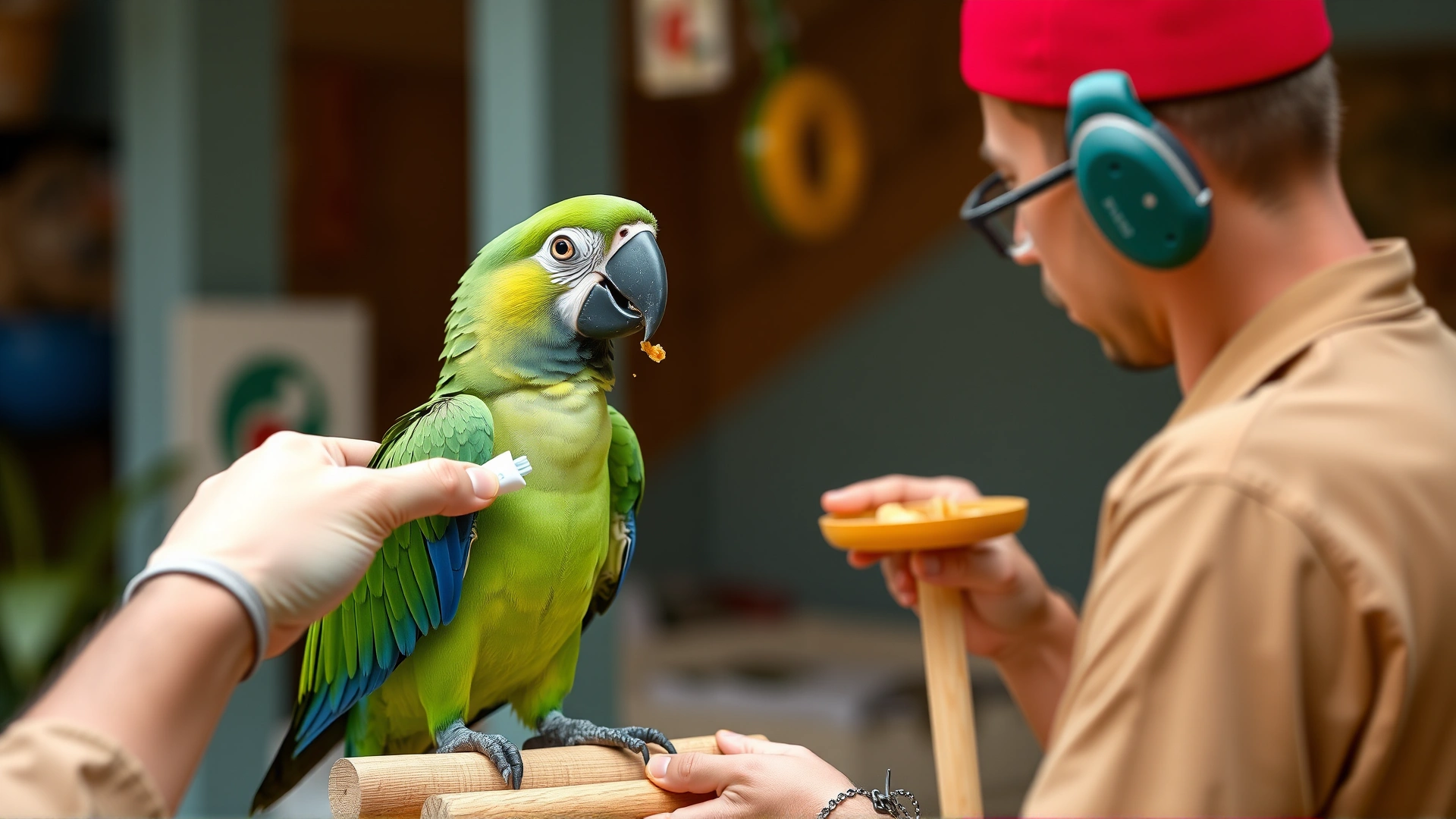 Owner training a green-winged macaw using a clicker and treats on a playstand.