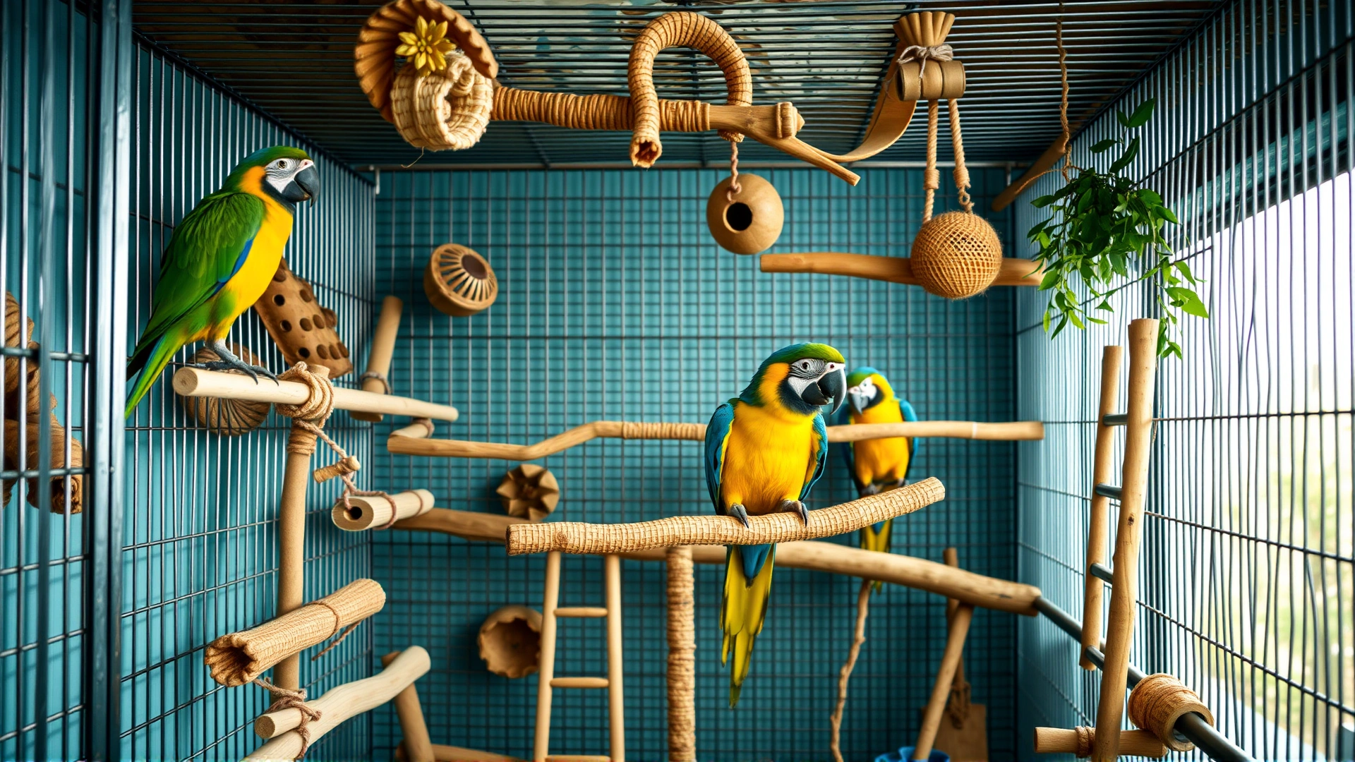 Interior shot of a spacious macaw cage filled with natural perches, chewable toys, and ladders.