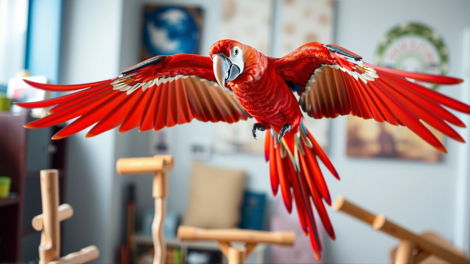 A scarlet macaw in full wingspan mid-flight indoors as it moves between play stands.