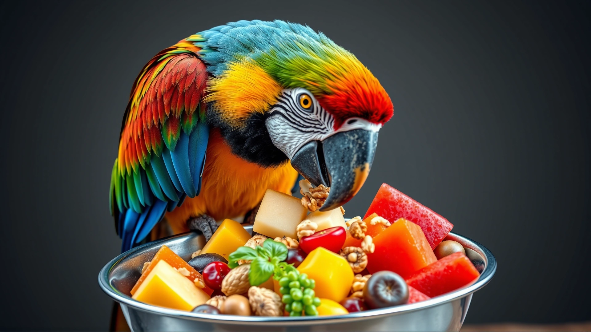 A colorful macaw eating a mix of fresh fruits, nuts, and vegetables from a stainless steel bowl.