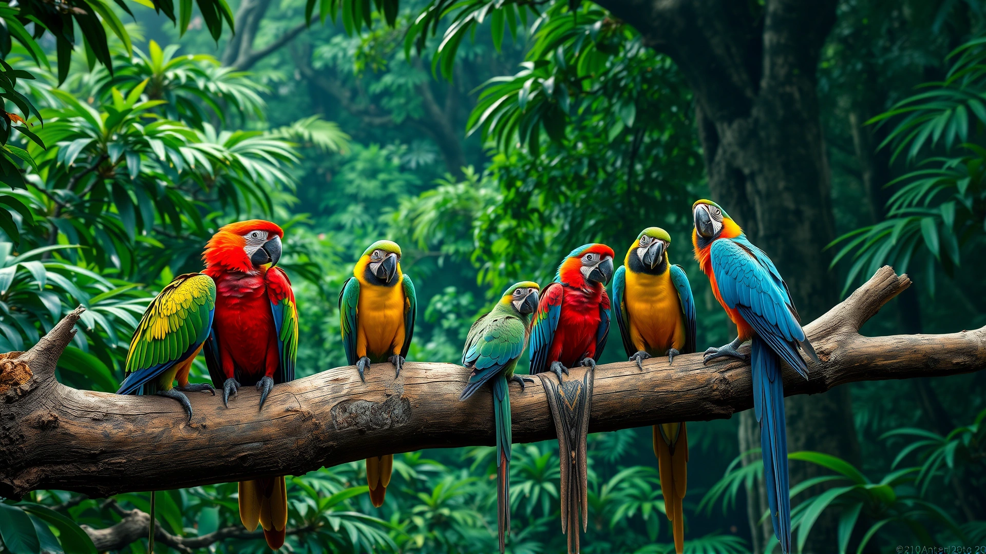 A group of different macaw species perched on a thick rainforest branch with lush green foliage in the background, demonstrating their size and color variety.
