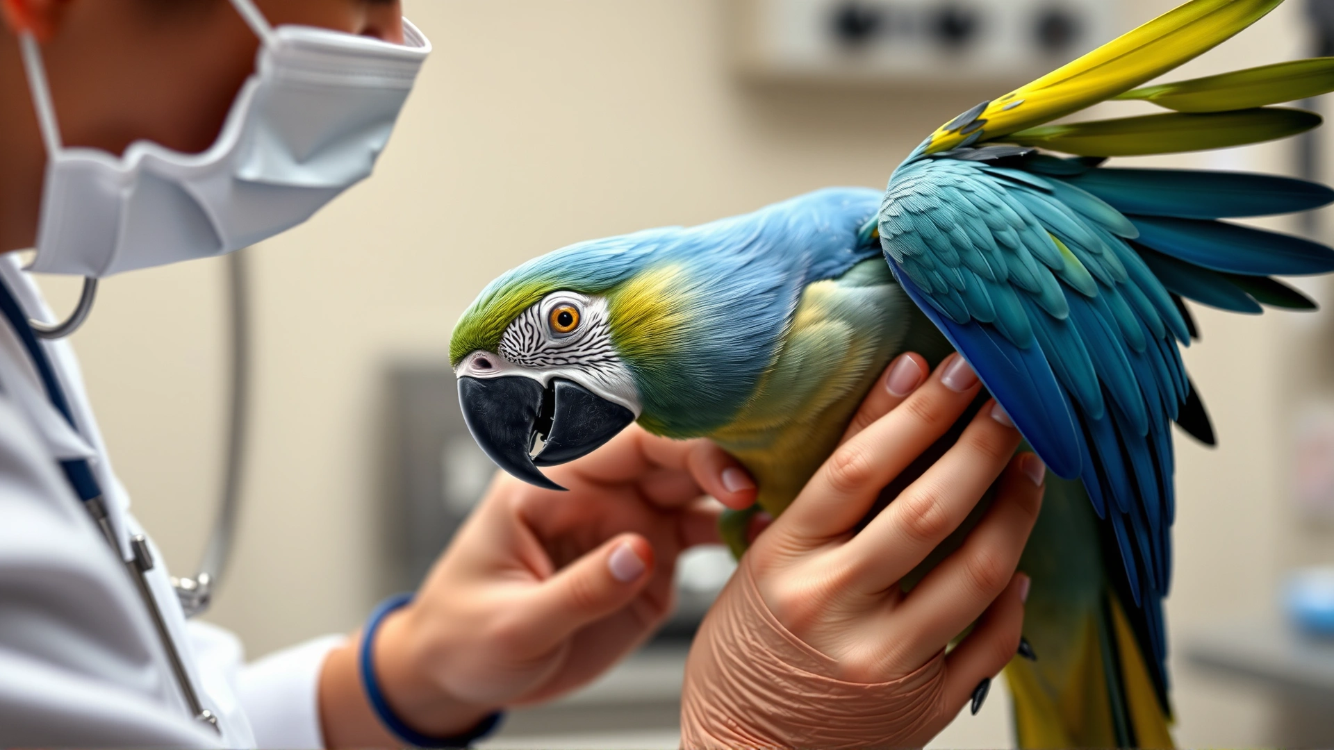 Avian veterinarian gently examining a hyacinth macaw’s wings in a clinic setting.