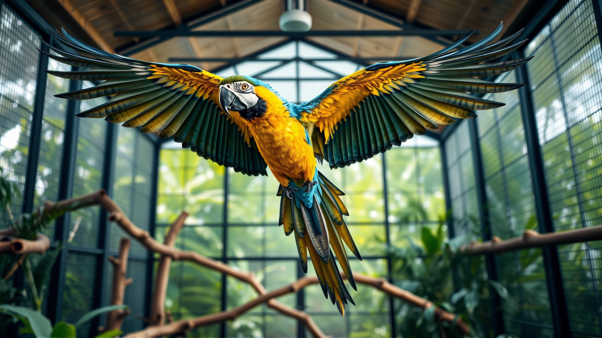 A majestic blue-and-gold macaw in flight inside a spacious aviary, wings fully extended