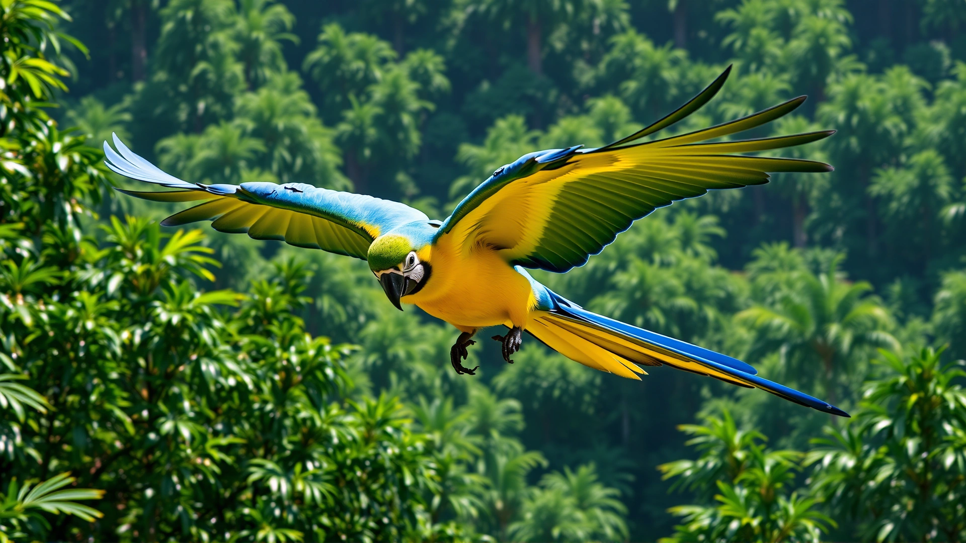 Blue-and-yellow macaw flying in mid-air over lush green rainforest canopy, wings fully spread, bright sunlight, high detail, no text