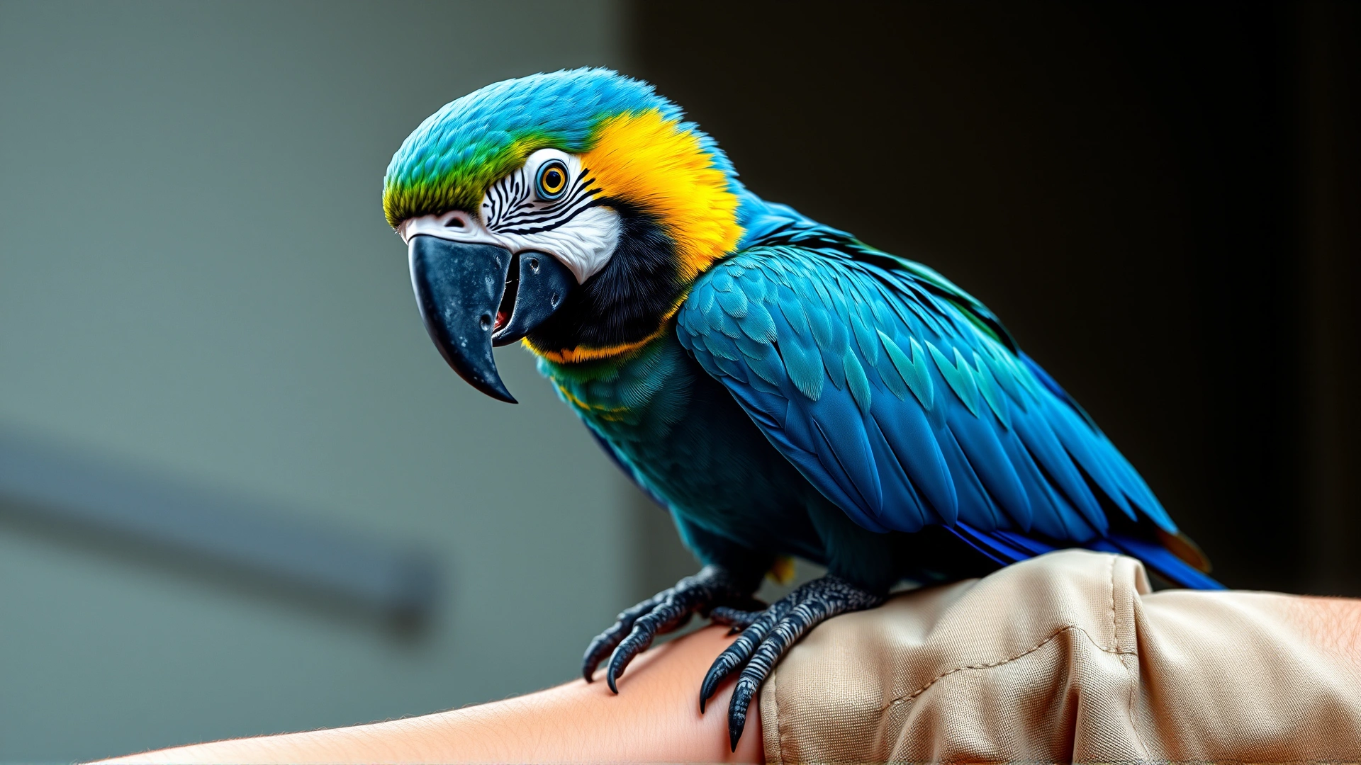 Blue and gold macaw perched on a human arm wearing a glove to illustrate the bird’s large size compared to a person.