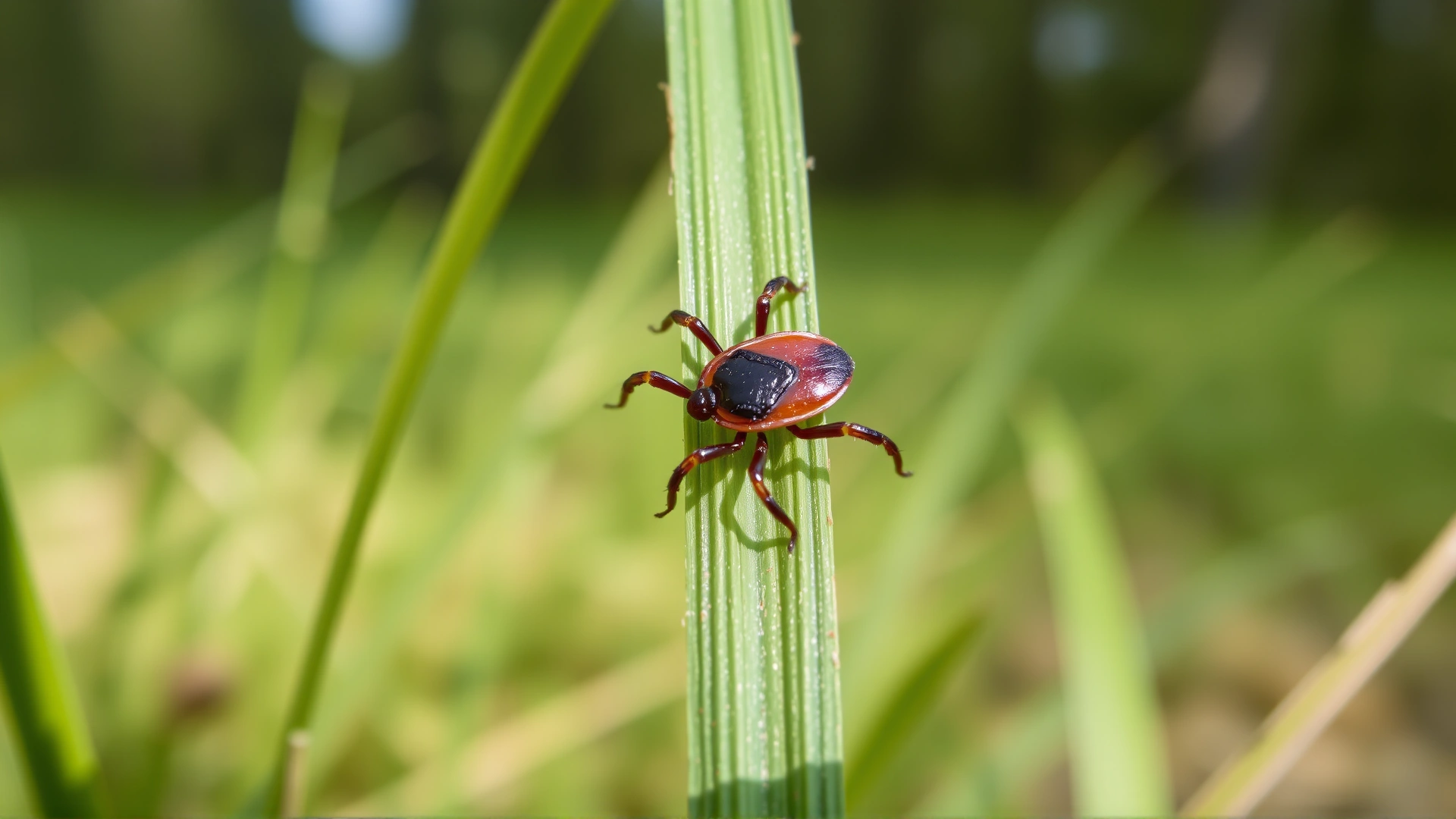 Extreme close-up of a deer tick clinging to a blade of grass, shallow depth of field, natural woodland background, daylight.