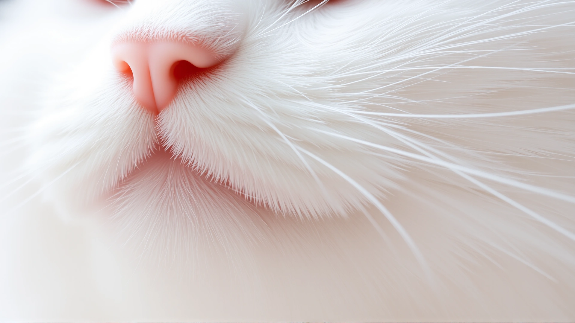 Extreme close-up macro image of white cat fur showing fine texture and softness, neutral background, no text
