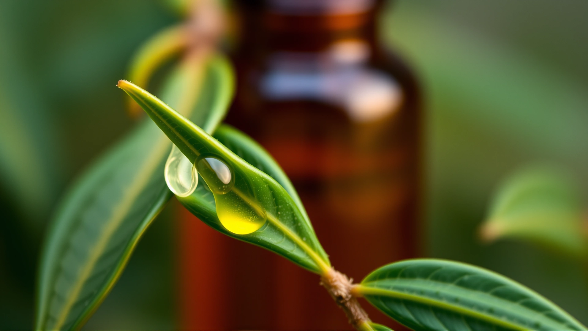 Macro shot of fresh tea tree leaves with a drop of essential oil forming at the tip, and a blurred amber vial in the background; bright botanical photography style