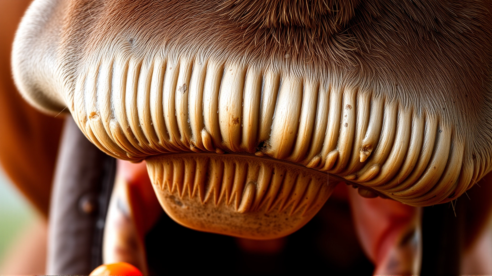 Extreme close-up macro shot inside a horse's mouth focusing on the grinding surface of molars, showing natural ridges and enamel detail; high clarity.