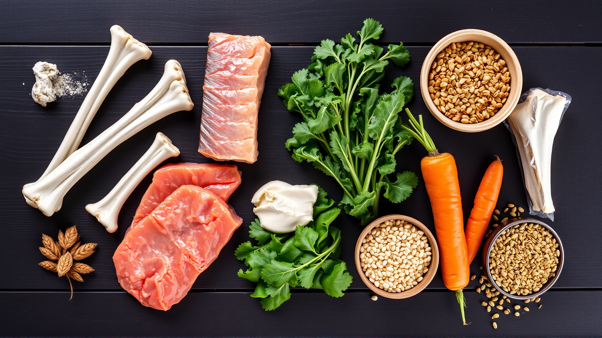 Flat lay of various mineral-rich foods for dogs such as raw bones, fish fillets, leafy greens, carrots, and whole grains displayed on a dark wooden table.