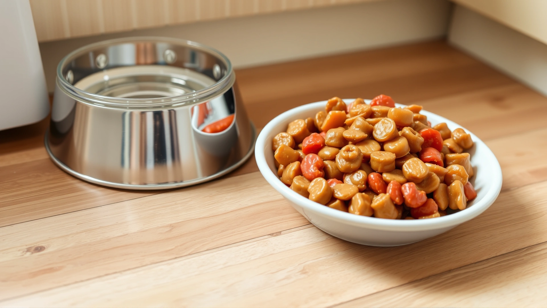 A bowl of balanced, high-quality wet cat food rich in nutrients placed next to fresh water bowl on a wooden kitchen floor.