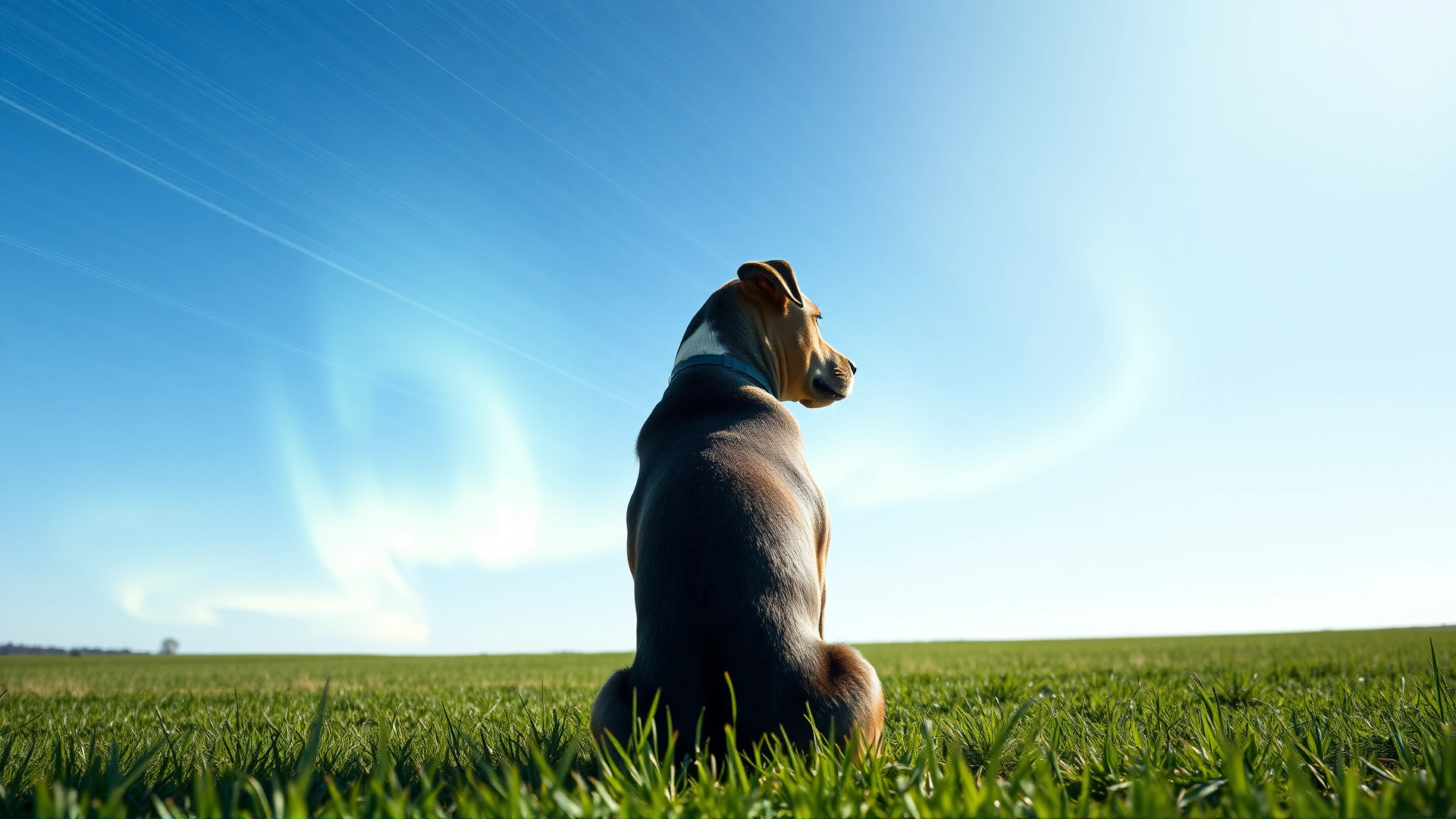 Side view of a dog sitting in an open field under a clear sky, subtle aurora-like visual lines suggesting Earth’s magnetic field for artistic context.