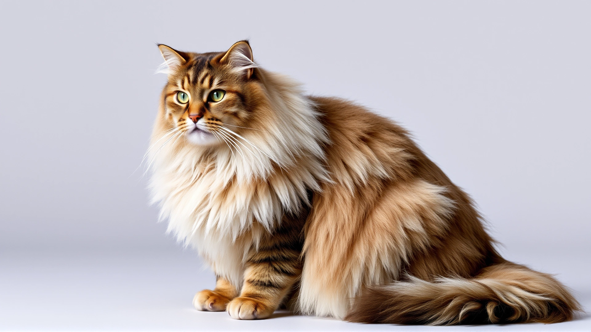 Large adult Maine Coon cat sitting proudly against a neutral background, showing full fluffy coat, no text