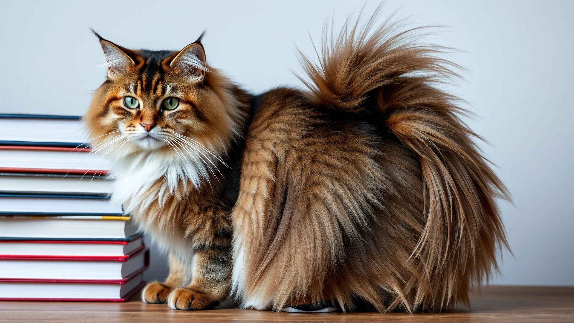 Full-body shot of a Maine Coon cat sitting next to a stack of books to highlight its height and bushy tail.