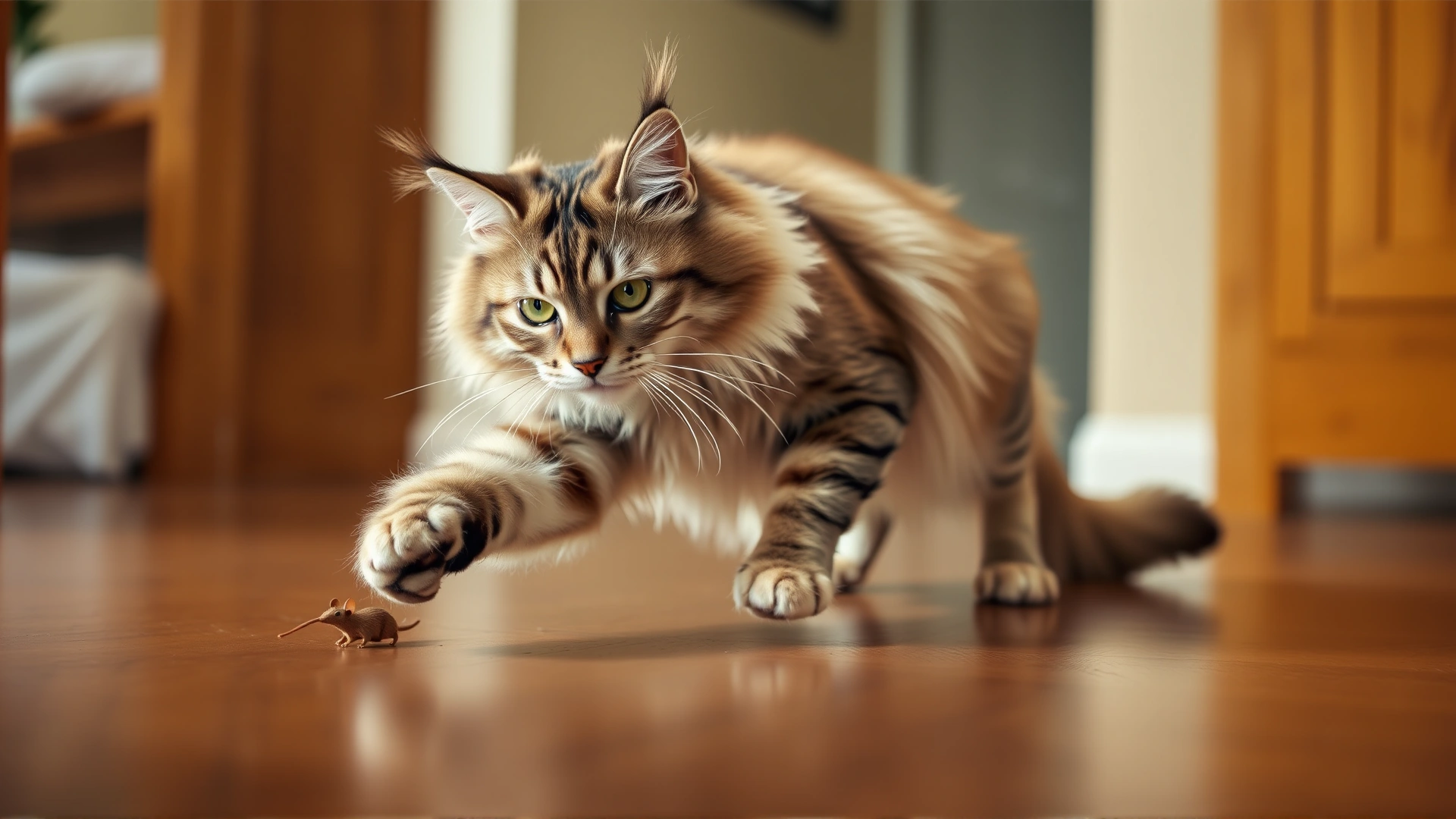 Action shot of a majestic Maine Coon mid-pounce while chasing a toy mouse on a wooden floor, highlighting its playful yet gentle personality.