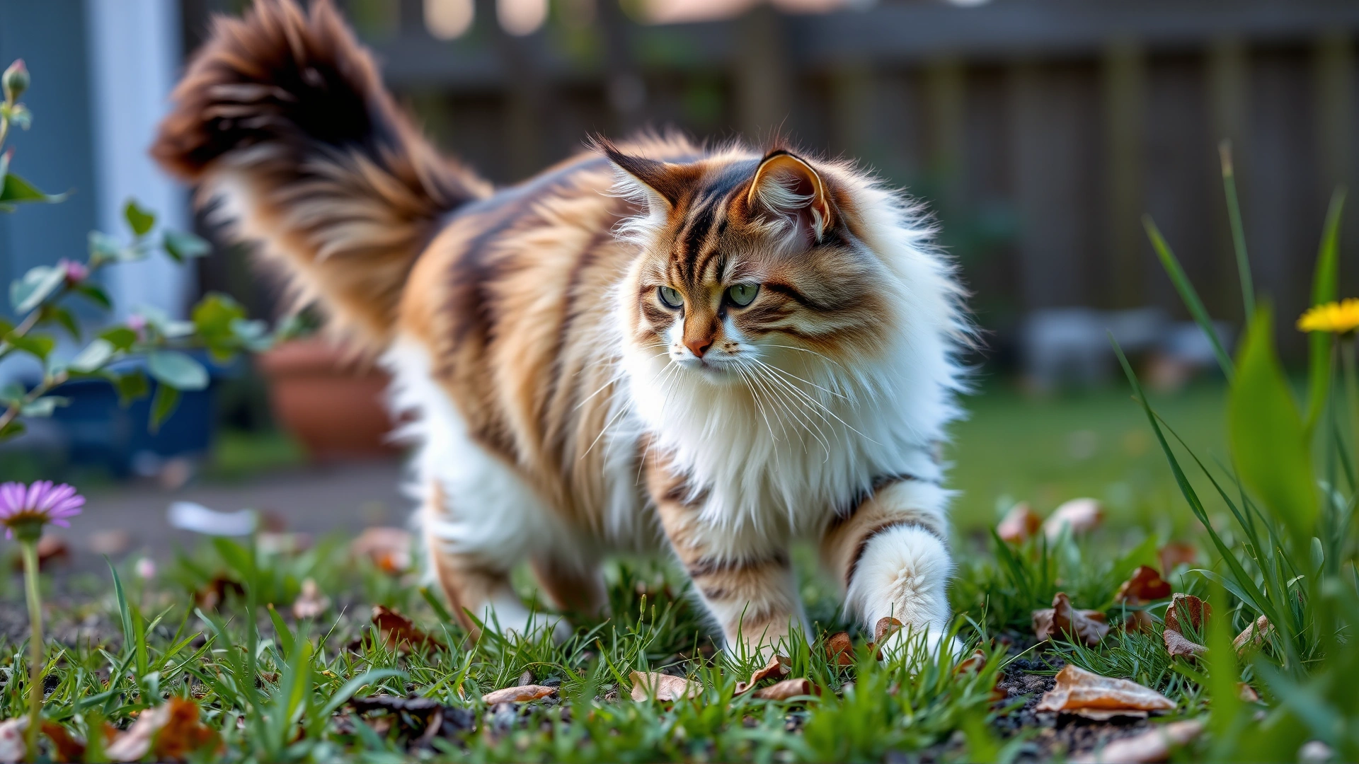 A large Maine Coon cat exploring a backyard garden with curiosity, tail held high