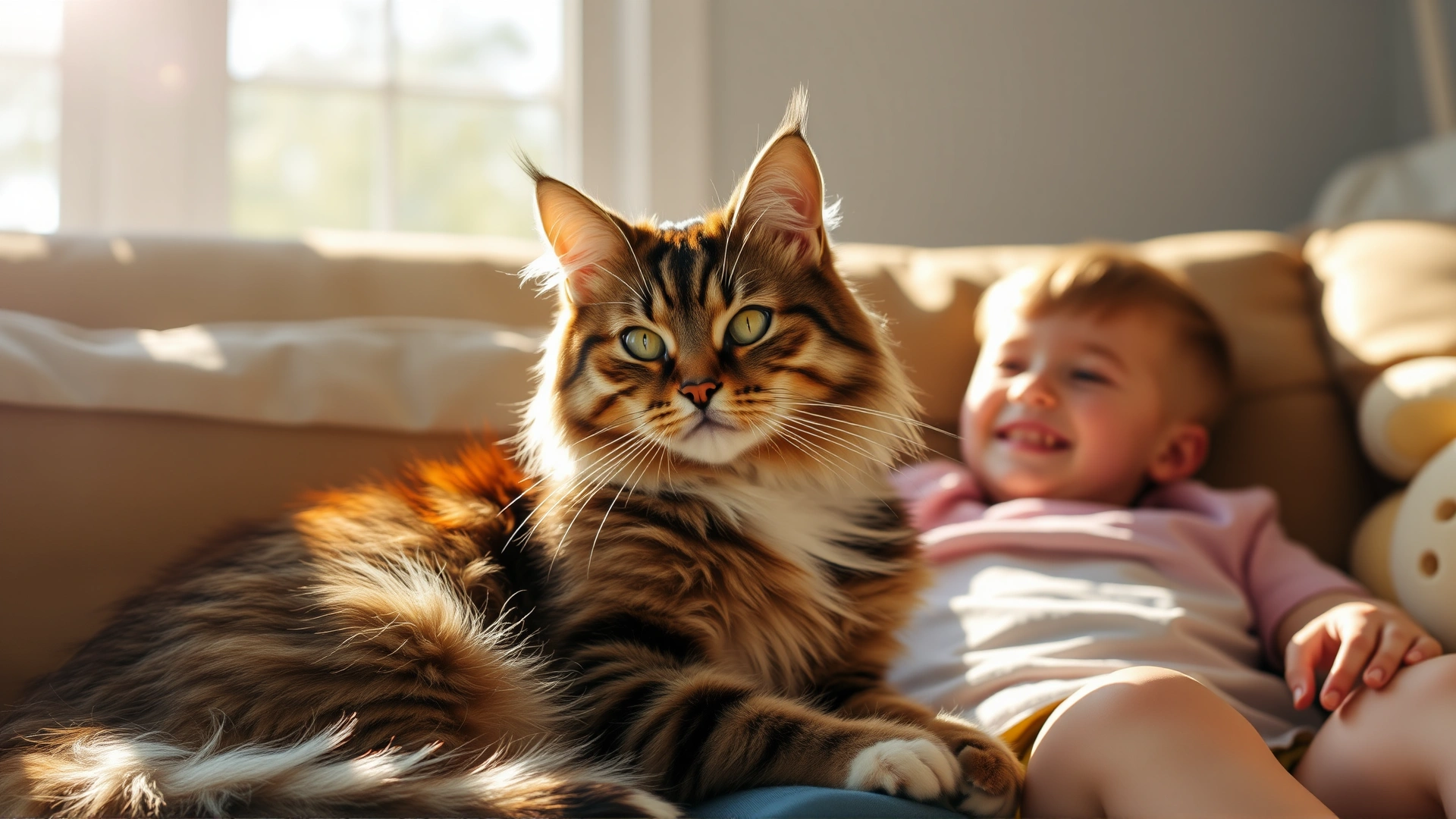 Large Maine Coon cat sitting comfortably on a couch next to a smiling child under warm afternoon sunlight