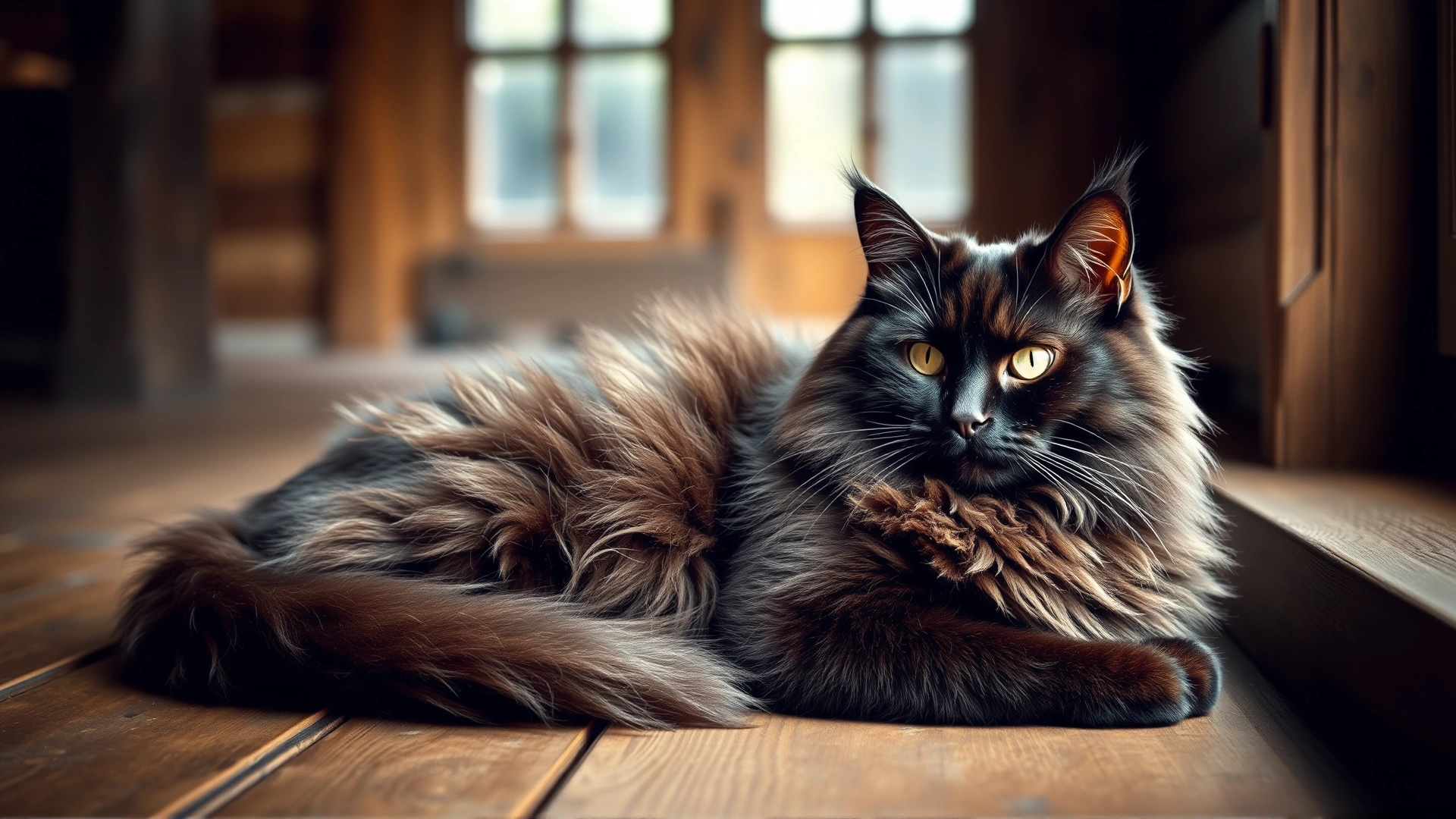 Majestic black Maine Coon cat lying on a rustic wooden floor, fluffy tail wrapped around its body, soft natural window light.