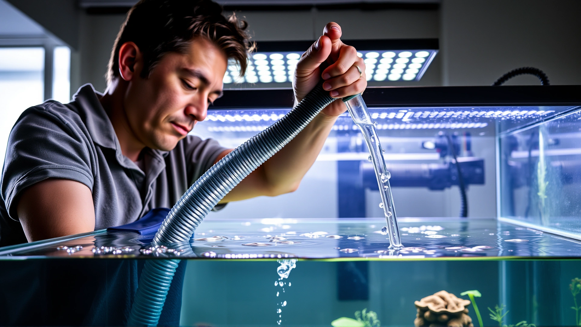 Person performing routine aquarium maintenance using siphon hose to remove water, with a clean, well-lit community tank in background.