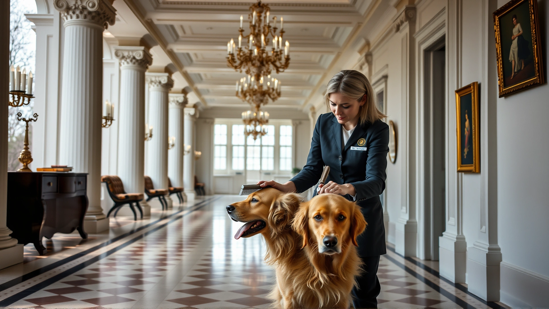 White House staff member gently brushing a golden retriever in a bright corridor featuring classic columns and chandeliers, showing professional pet care.