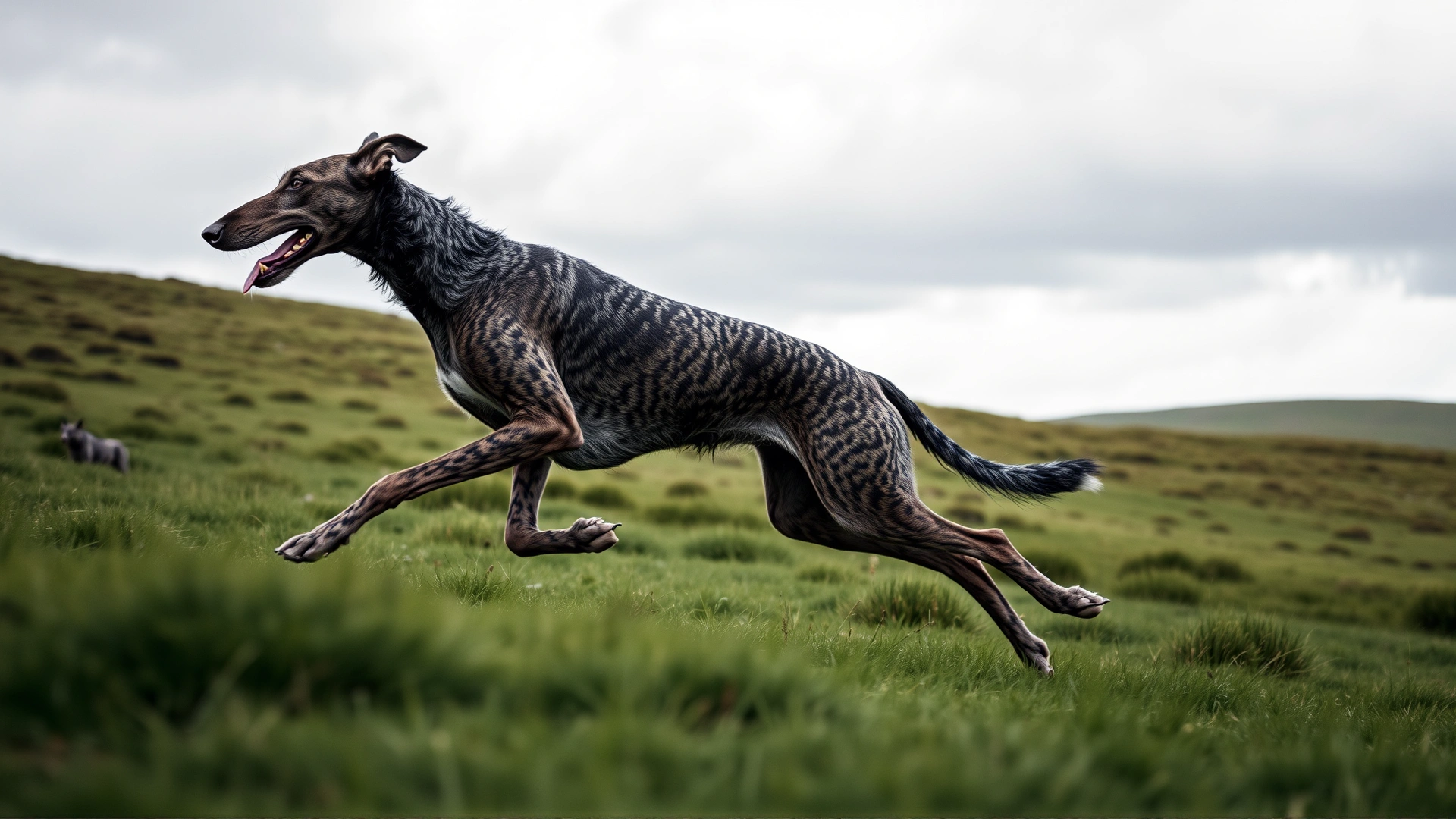 Action shot of an adult Scottish Deerhound running freely across a green Scottish moor under cloudy sky.