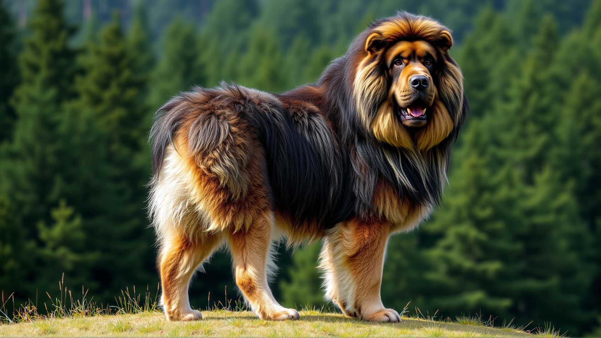 Full-body image of an adult Tibetan Mastiff standing proudly on a grassy hill with a lush forest backdrop.