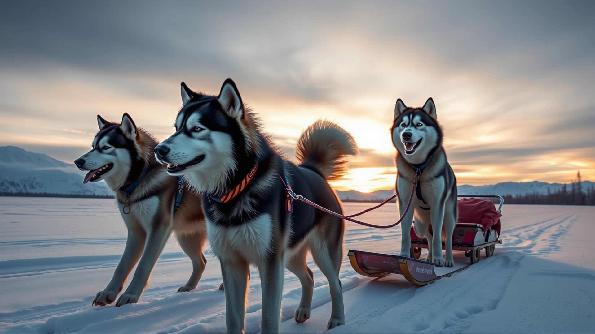 Group of three Alaskan Malamutes pulling a sled across a snowy landscape at sunset.