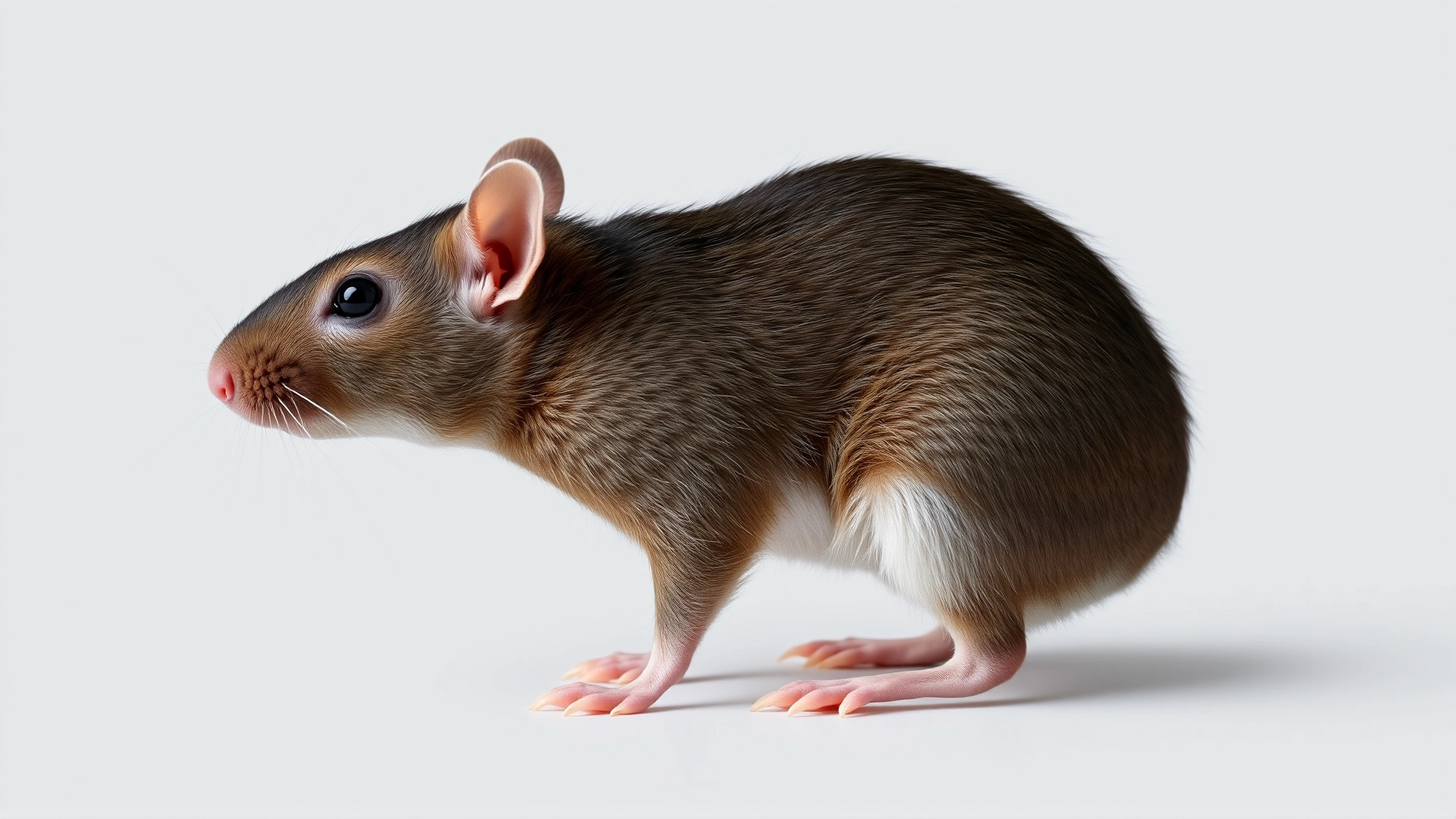 Profile photo of a juvenile male rat standing on a neutral background, with clearly visible testicles for educational purposes.