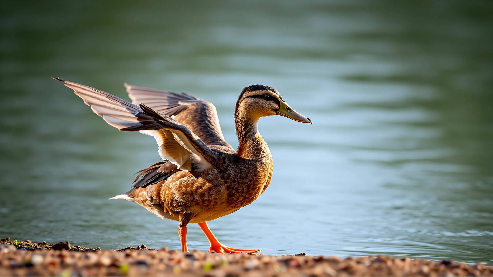 A thin juvenile duck with visible wing deformity (angel wing) standing by a pond, soft natural lighting.