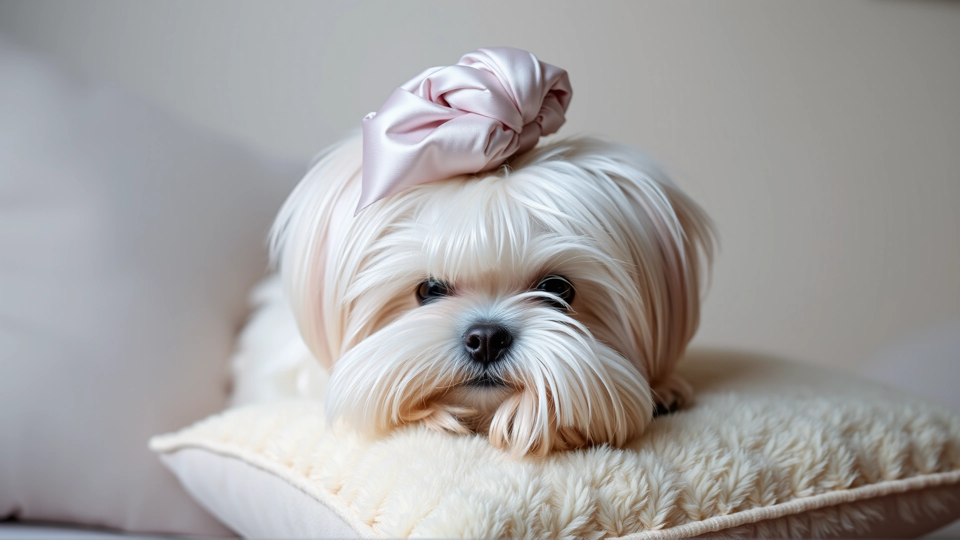 A Maltese with a silky coat tied up in a topknot, resting on a plush pillow.