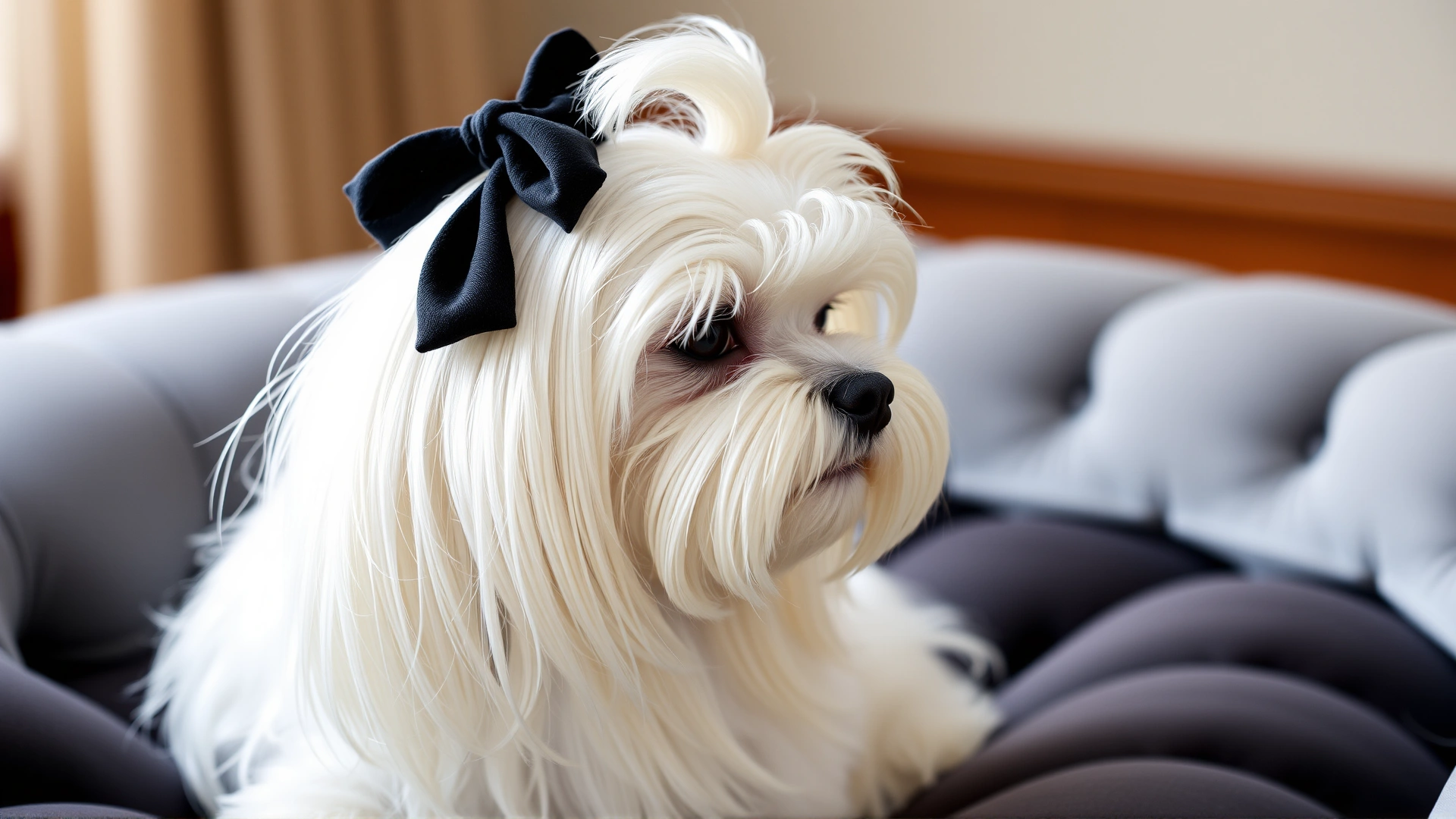 A Maltese dog with long silky hair tied in a neat top knot, sitting on a velvet cushion