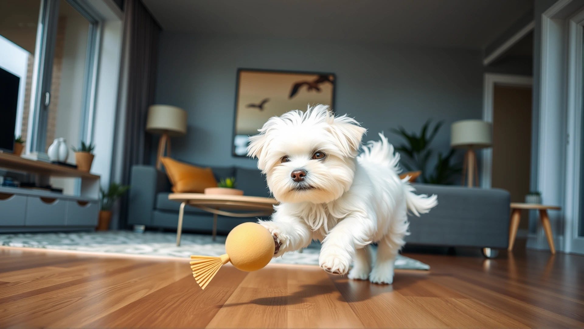 A playful Maltese puppy chasing a soft toy inside a cozy modern apartment living room.