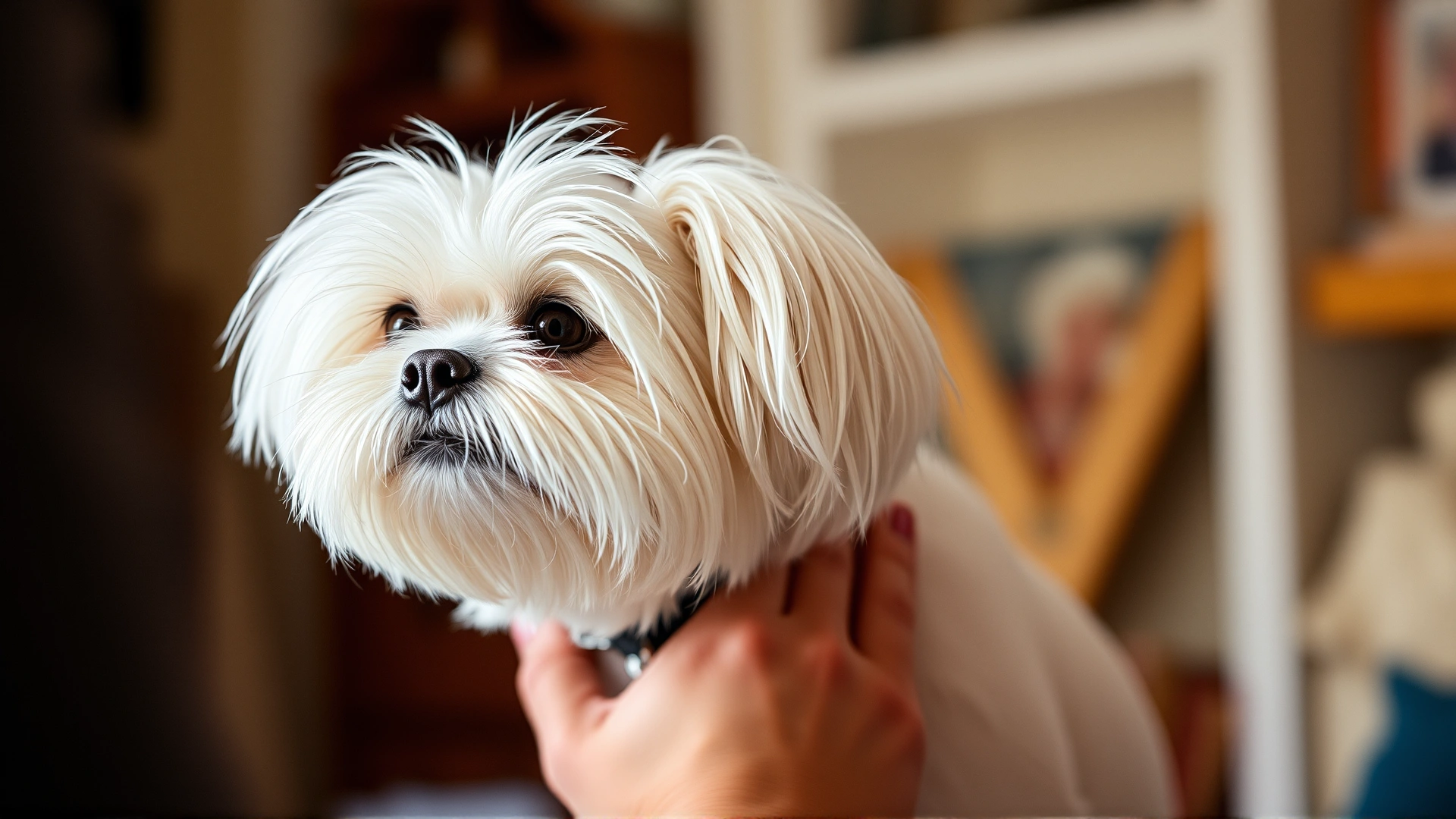 A small Maltese dog being gently brushed by its owner in warm indoor lighting