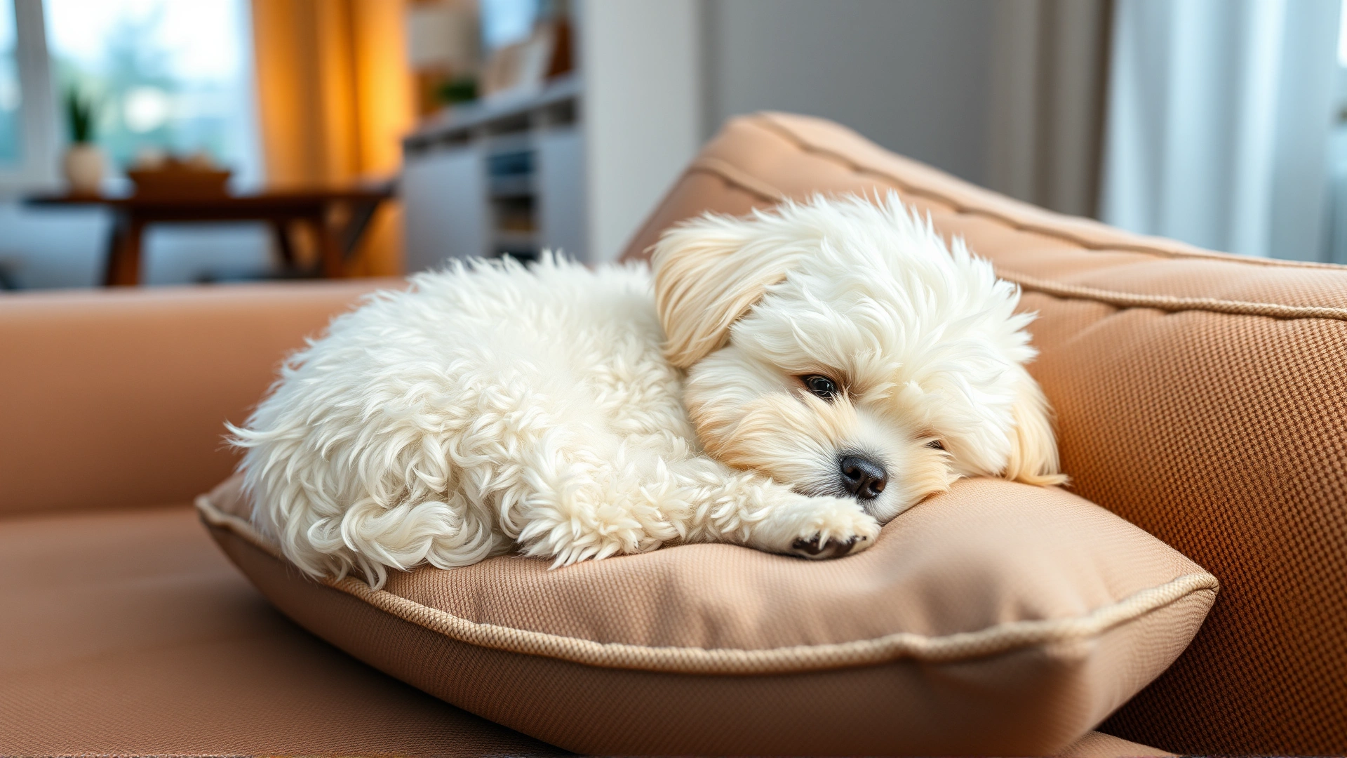 Small white Maltipoo curled up on a cozy sofa cushion, ambient evening light, comfortable home setting