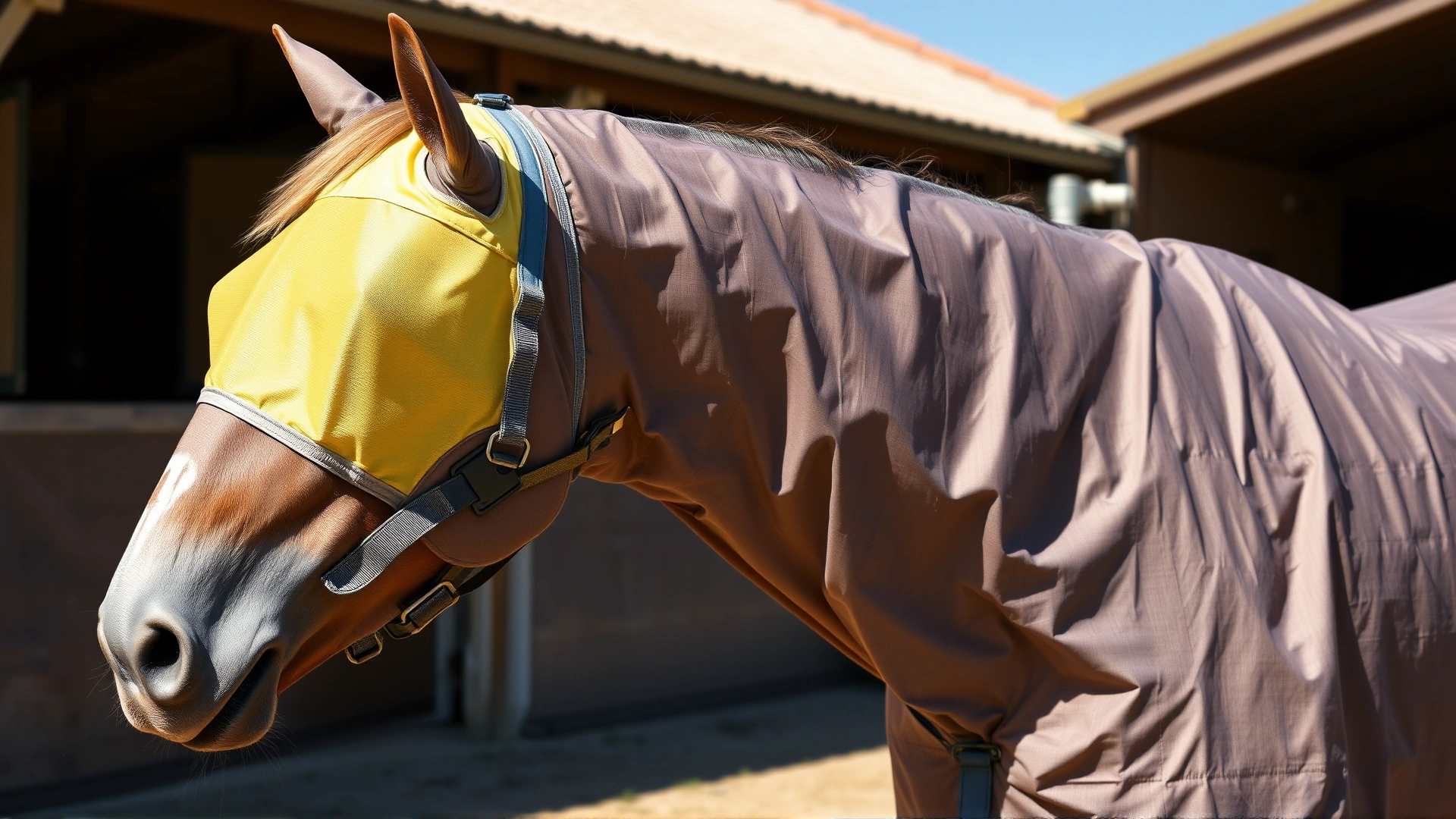 Horse wearing a UV-protective fly mask and lightweight sun sheet in a sunny stable yard, showing practical sun protection methods