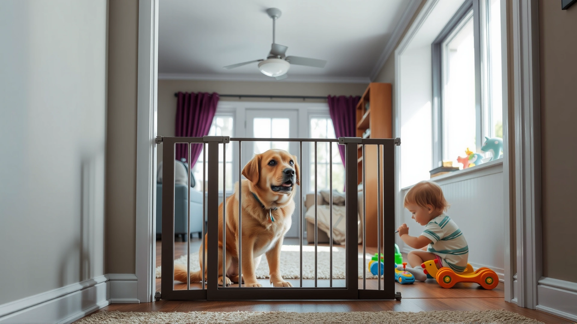 Interior shot of a baby gate separating a calm dog from a toddler playing with toys, bright daylight entering through window, safe and organized home environment.