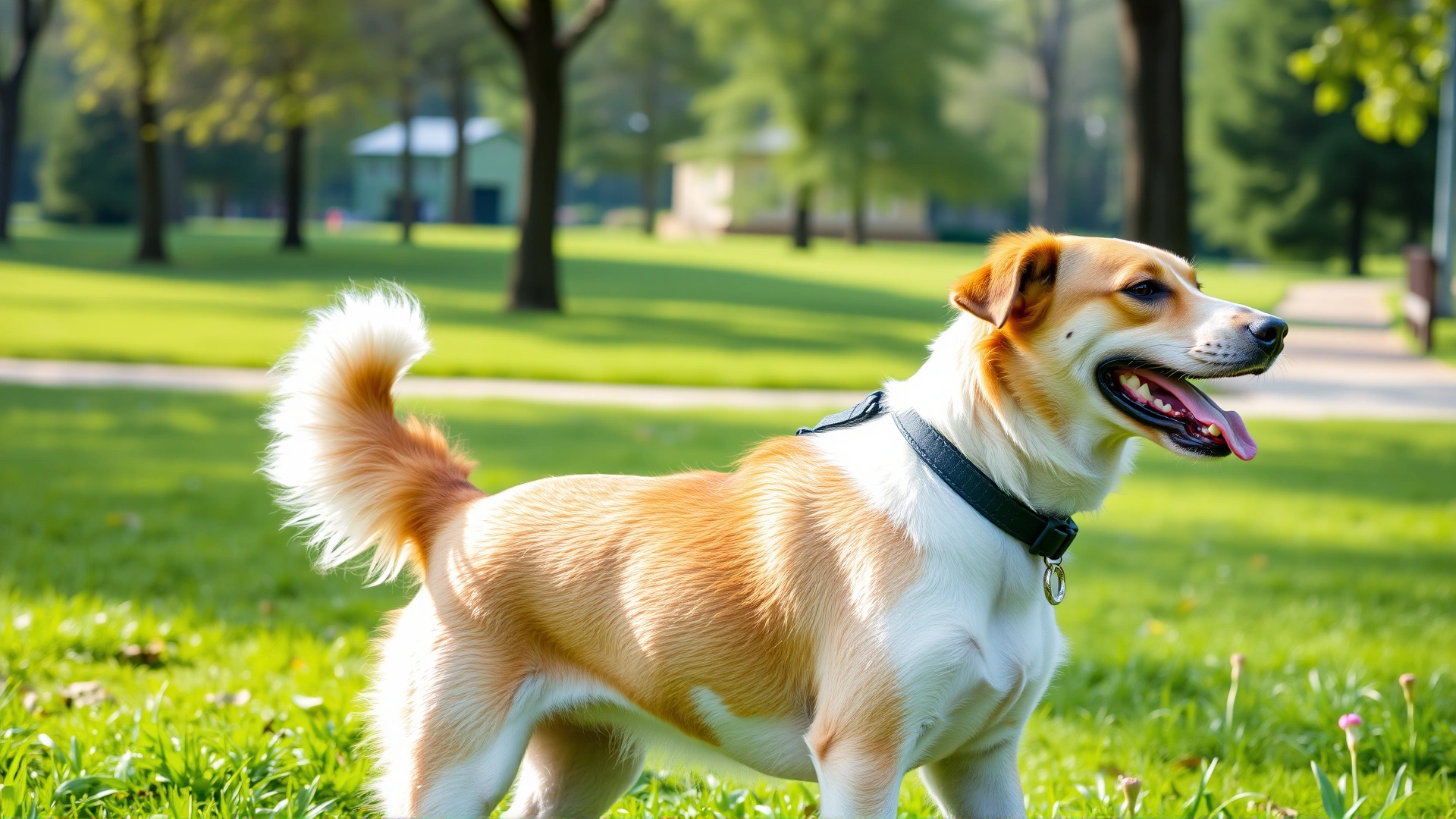 Healthy mixed-breed dog on a morning walk in a green park, looking energetic and well-hydrated; bright, cheerful ambiance