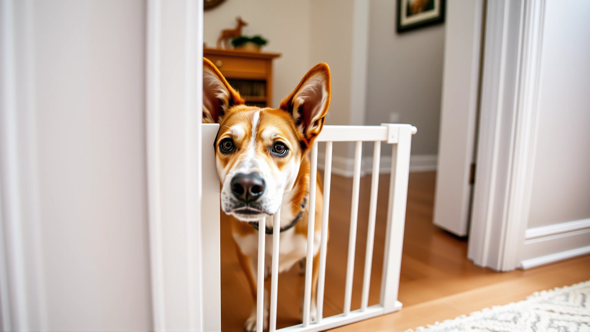 Curious dog behind a baby gate in doorway, illustrating home management tools