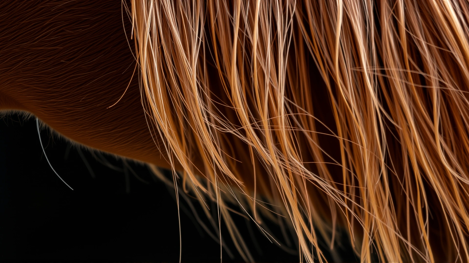 Close-up side profile of a horse's neck showing thick, healthy mane strands in sharp detail.