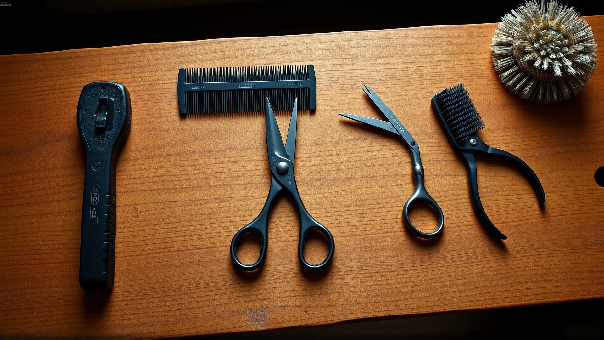 Flat lay of mane pulling tools on a wooden tack room bench: pulling comb, thinning shears, small scissors, grooming brush