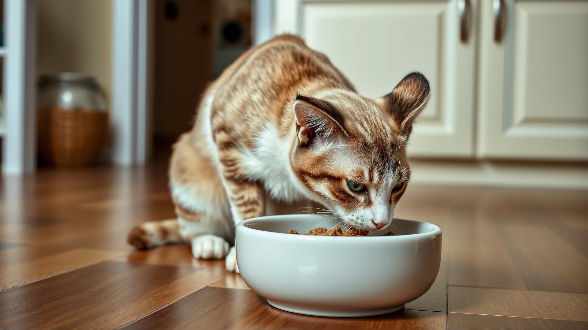 A Manx cat eating balanced wet food from a ceramic bowl placed on a kitchen floor, illustrating proper feeding.