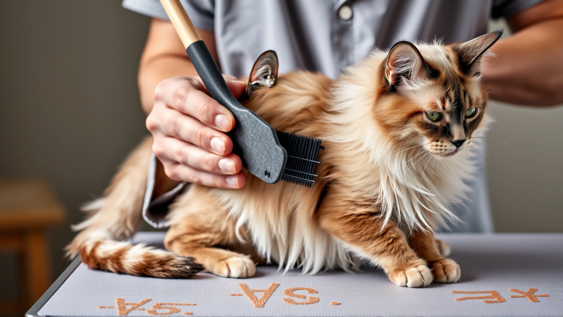 Owner gently brushing the dense double coat of a Manx cat on a grooming table, emphasizing care routine.