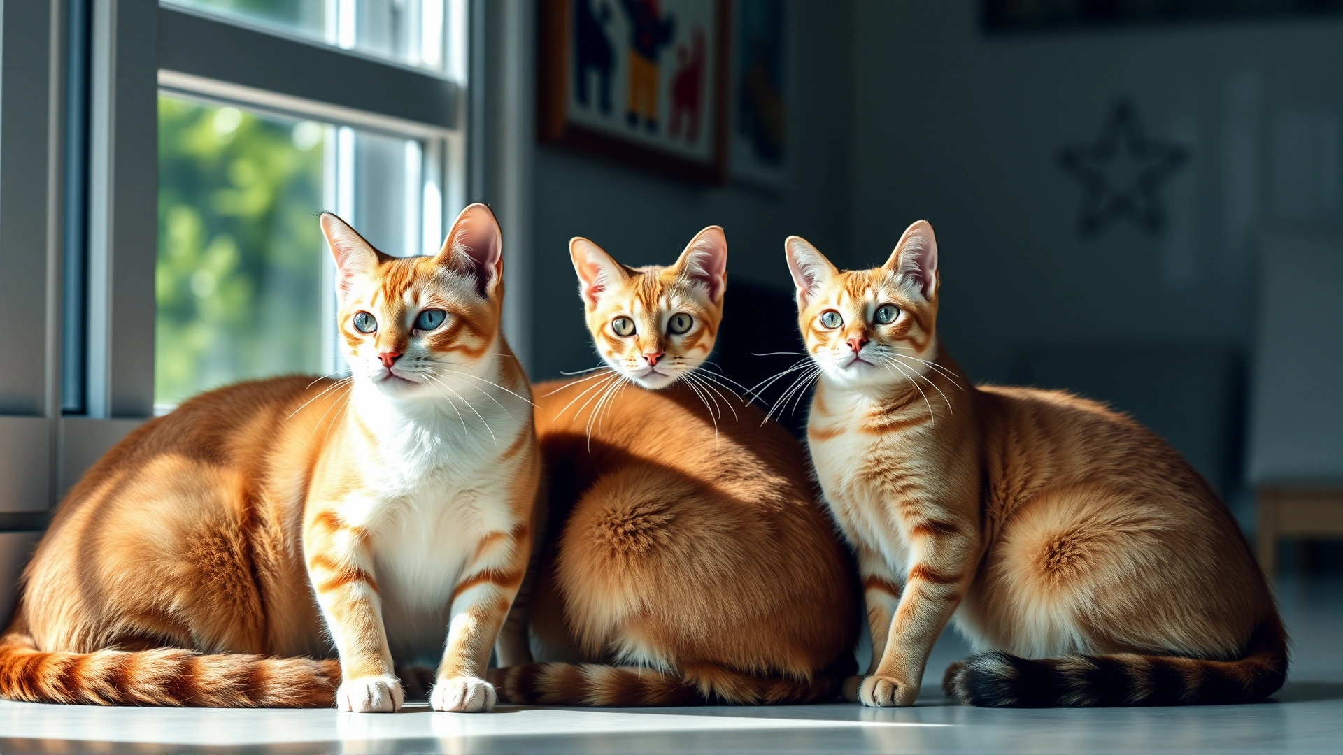 Group of three Manx cats of different coat colors sitting together, each showing a different tail length, indoors, bright natural lighting