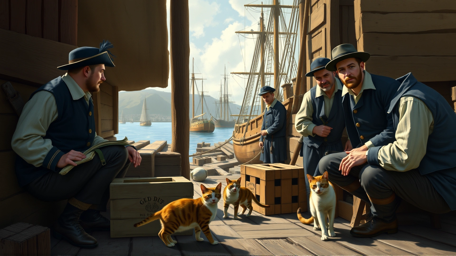 Vintage-style illustration of early 19th-century sailors on the Isle of Man with Manx cats roaming near wooden crates and ships in the harbor.