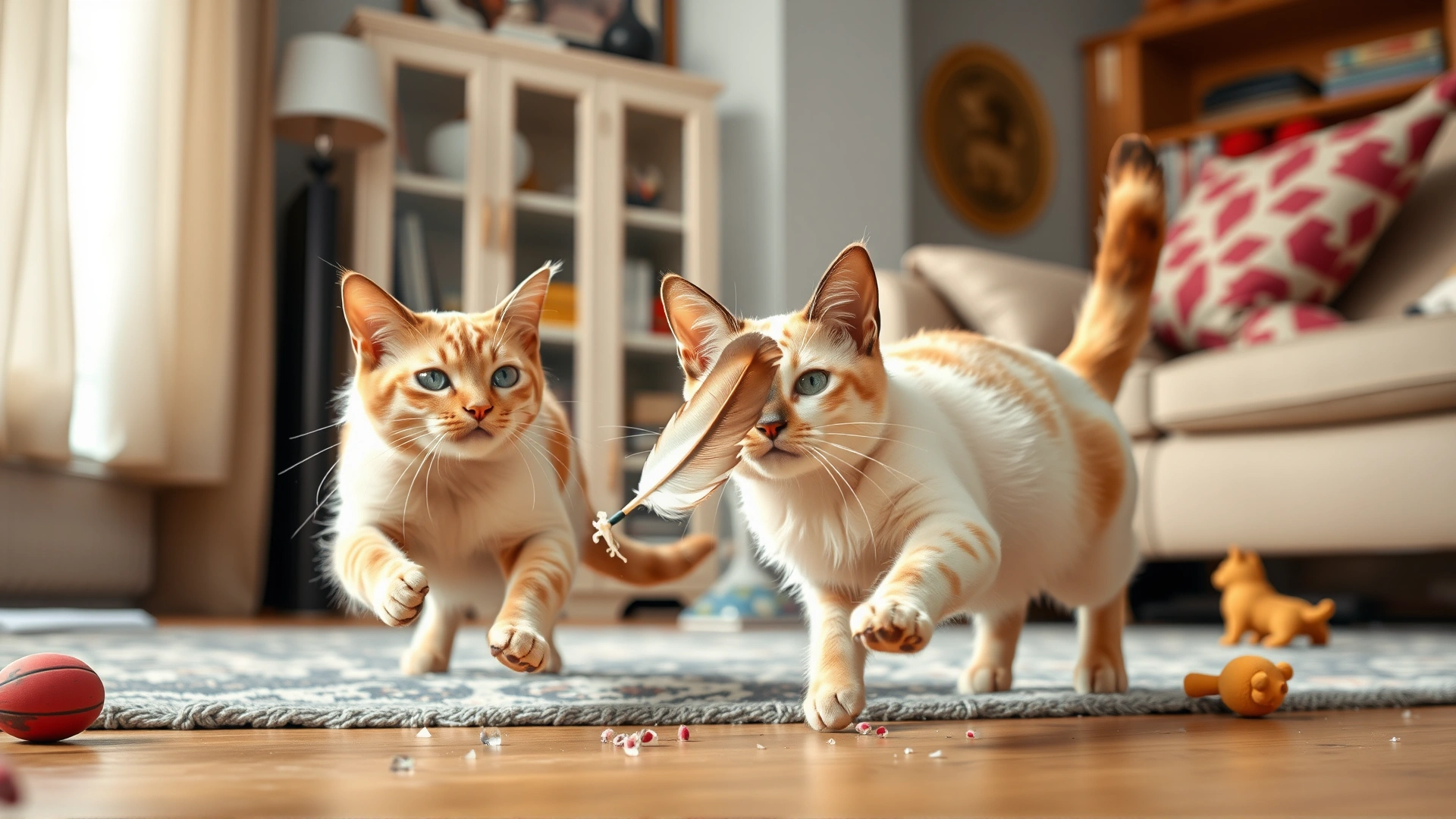 Two Manx cats playfully chasing a feather toy in a bright living room with scattered cat toys.